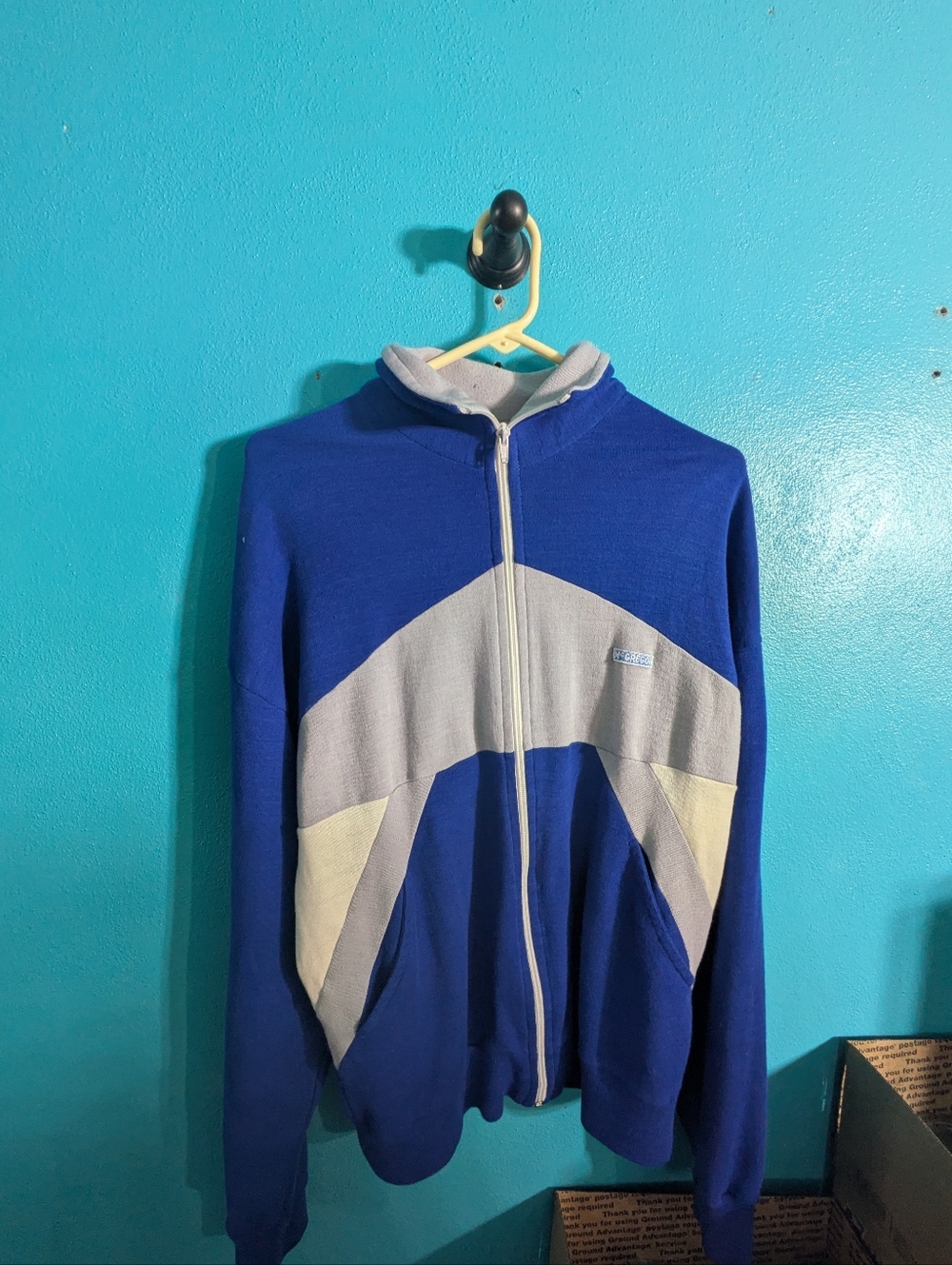 Blue and Light Gray Men's Zip-Up Hoodie Sweater Work Jacket